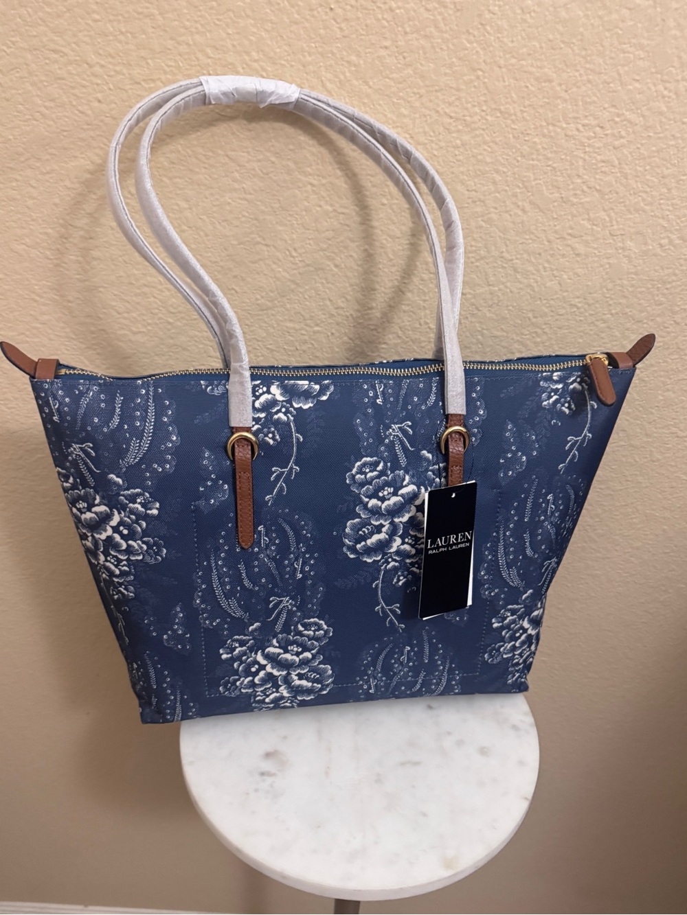 Women Ralph Lauren Blue Floral Medium Keaton Travel work office every day Tote - Picture 2 of 9